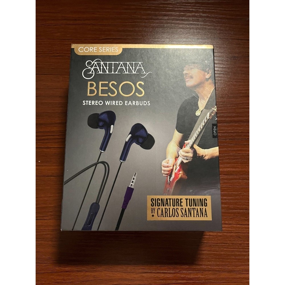 Sealed New Santana Besos Stereo Wired Earbuds Blue w/call control ,  3.5mm Jack